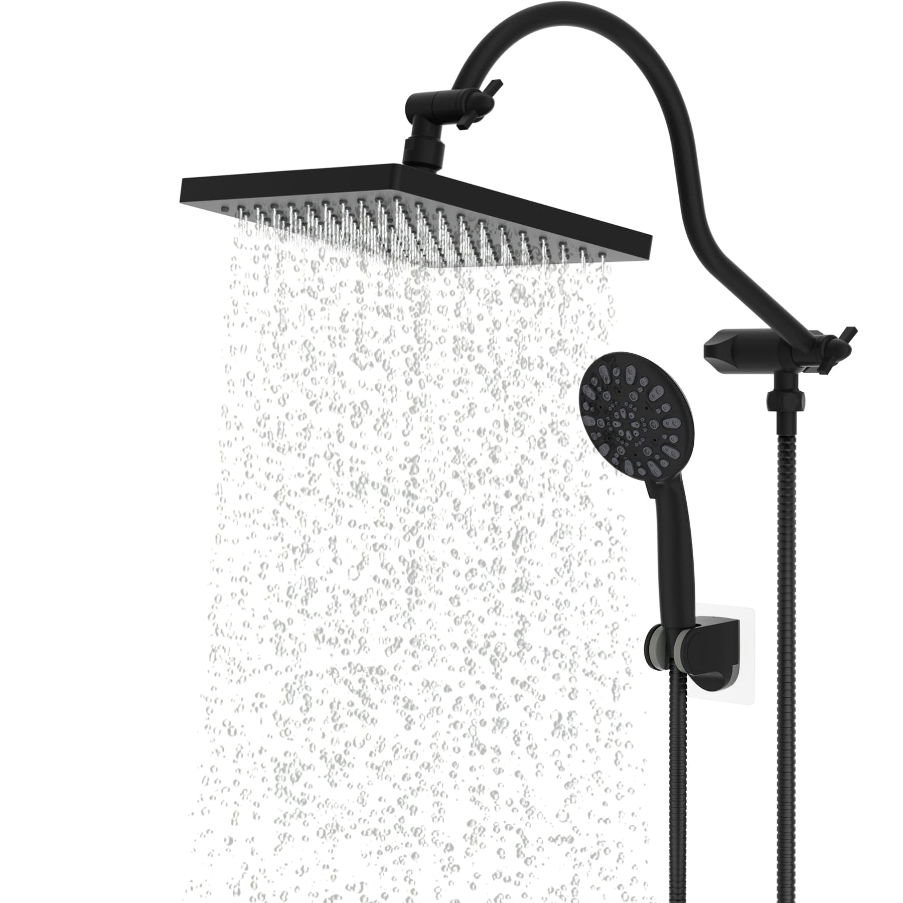 Hibbent 花洒 Hibbent Thickness Metal Rain Shower Head Combo Rainfall Shower Head & High Pressure Handheld Showerhead 12'' Adjustable Curved Extension Arm 7 Settings