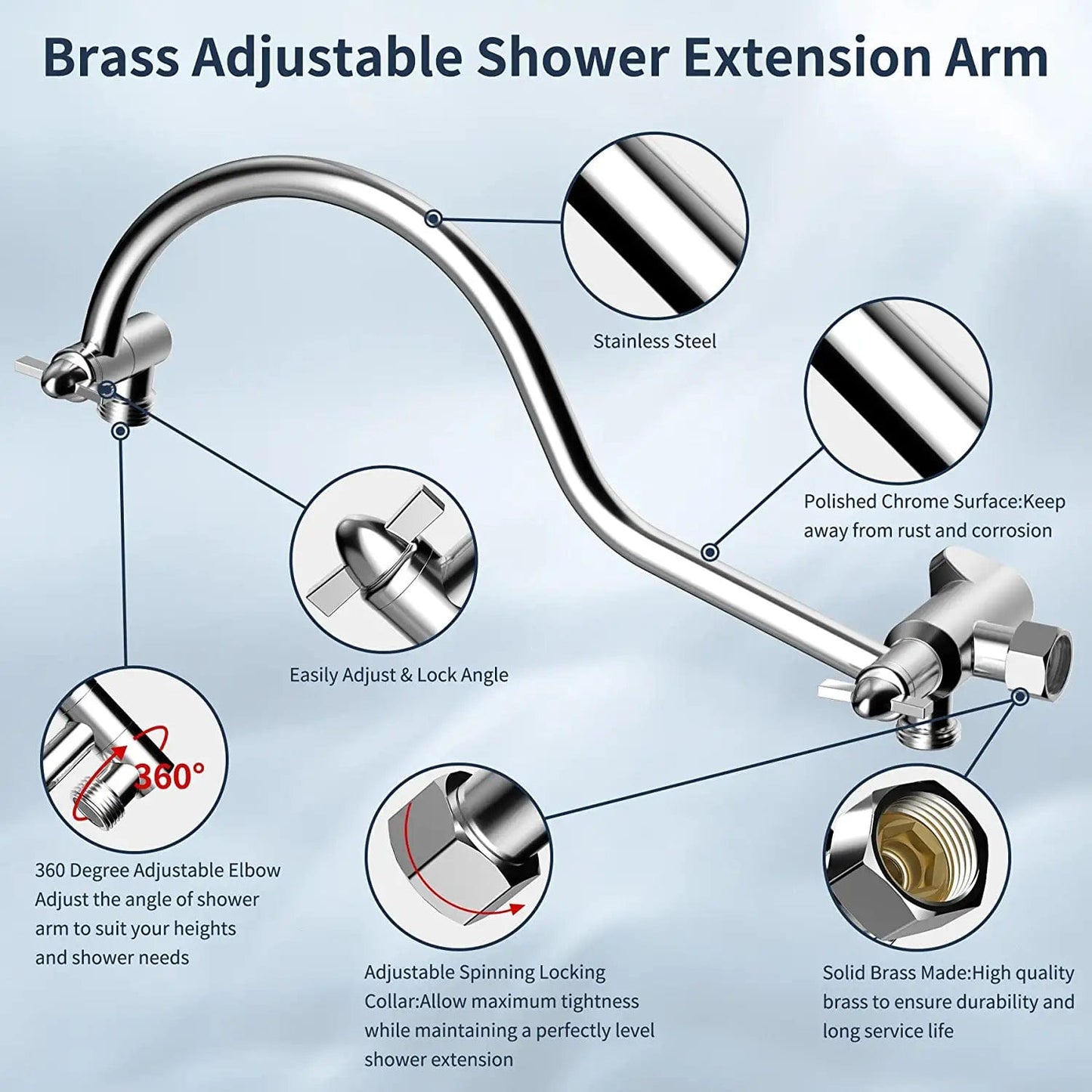 Hibbent 花洒 Hibbent Thickness Metal Rain Shower Head & High Pressure Handheld Showerhead 12'' Adjustable Curved Extension Arm 7 Settings