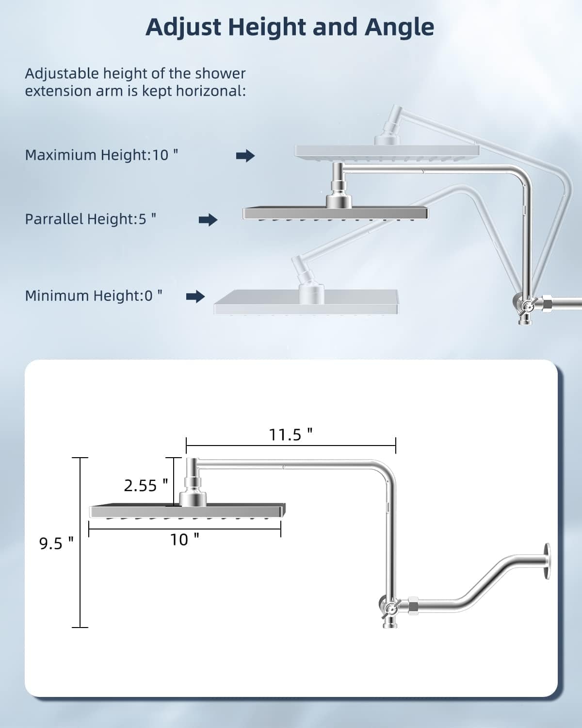 Hibbent Hibbent Metal Thickness Shower Head 10'' High Pressure Rainfall Shower Head & Handheld Showerhead Combo with 12'' Adjustable Shower Extension Arm