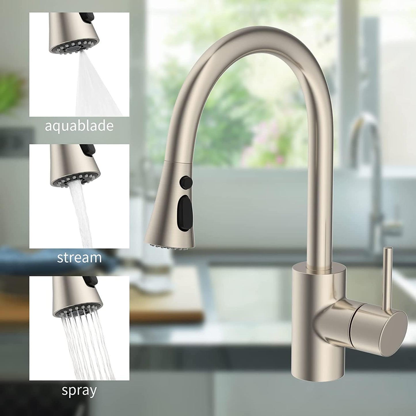 Hibbent Shop Hibbent Pull Down Kitchen Faucet Head Replacement, 3-Function Kitchen Faucet Head Sink Spray Nozzle with 9 Adapters Compatible with Moen, American Standard, Delta, Kohler Faucets, Brushed Nickel