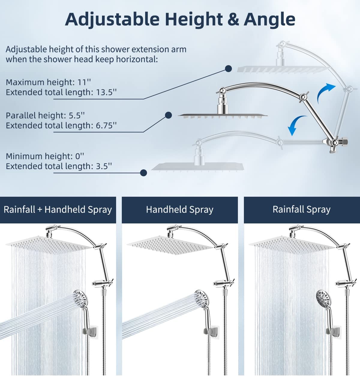 Hibbent Shop Shower Heads Hibbent All Metal Rain Shower Head Combo with Handheld Showerhead Adjustable Extension Arm